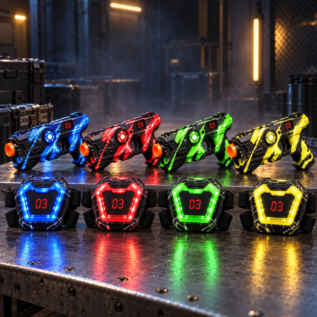 Laser Tag Set for Kids – 4 Infrared Blasters & 4 Vests with LED Score Display, Indoor & Outdoor Battle Game