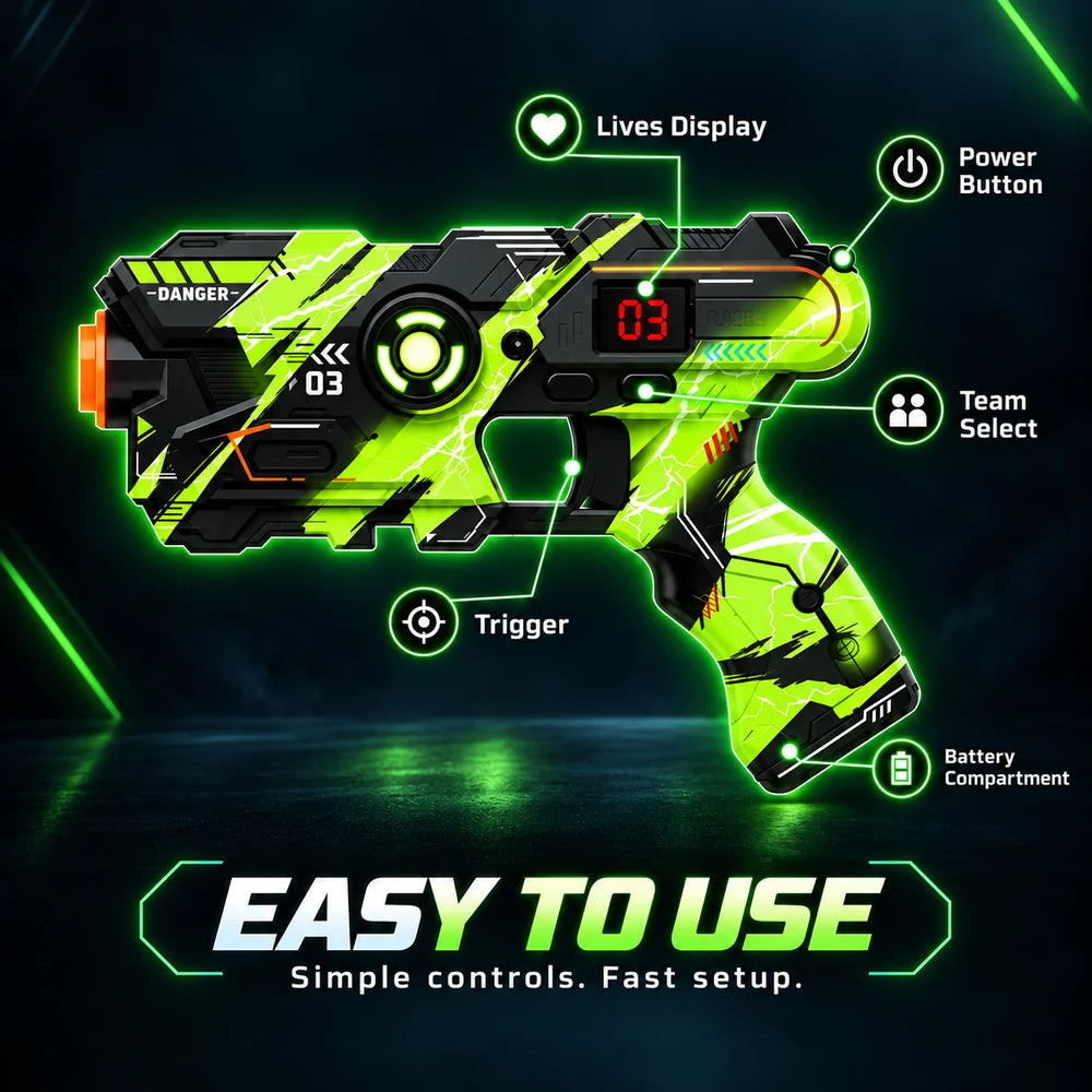 LaserFury blaster controls: lives display, power button, team select, trigger and battery compartment