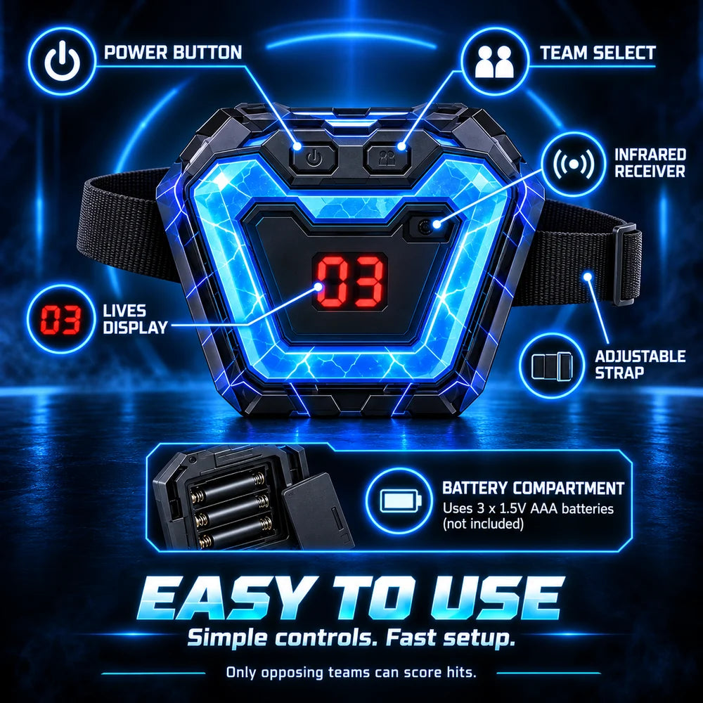 LaserFury vest controls: power button, team select, infrared receiver, lives display, adjustable strap and battery compartment using 3 AAA batteries