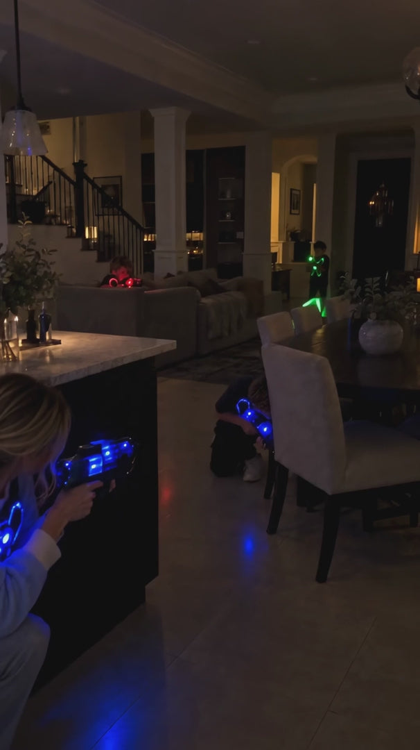 Family playing LaserFury laser tag at home